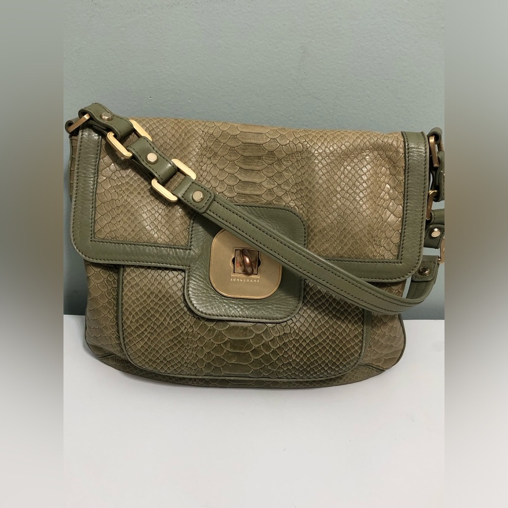 Longchamp Gatsby Olive-Green Python Snake Embossed Leather Shoulder Bag